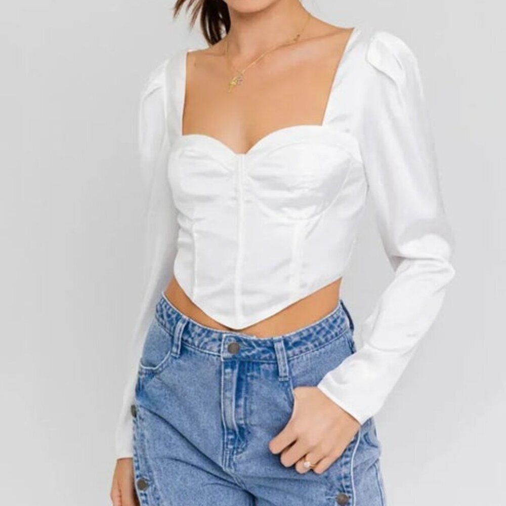 Le Lis White Sweetheart Neckline Long Puff‎ Sleeve Corset Bustier Top